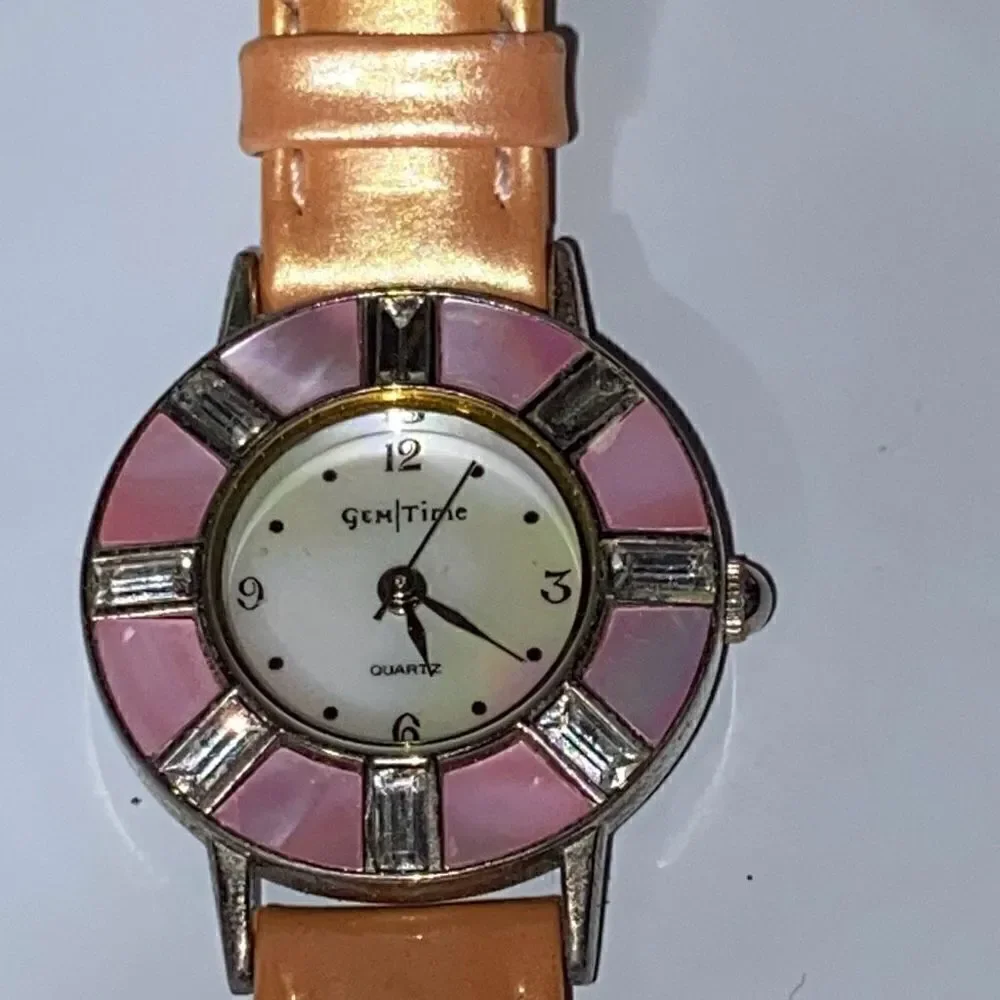 Gem Time Women's Gold Genuine Leather Band Embellished Silver Toned Quartz Watch